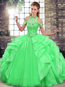 Vestidos de gala de diseñador vestido de quinceañera halter verde top organza sin mangas hasta el suelo con cordones