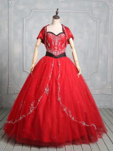 Dulce rojo moderno escote bordado dulce 16 vestido de quinceañera sin mangas con cordones