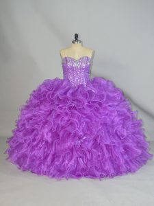 Rebordear más populares y volantes vestidos de bola de membrillo púrpura hasta el largo sin mangas del piso