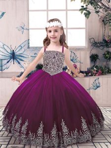 Fancy berenjena púrpura vestidos de bola correas de tul sin mangas abalorios y bordado hasta el suelo encaje hasta niñas vestido de desfile