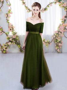 Elegante piso largo verde oliva quinceañera vestido dama tul manga corta fruncido