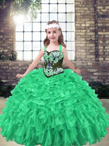 Nuevo estilo de vestidos de bola verde correas de organza sin mangas bordados y volantes hasta el suelo con cordones hasta niños vestido del desfile