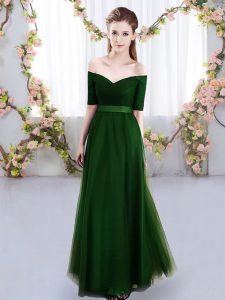 Fruncido vestidos de damas verde encaje manga corta piso longitud