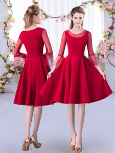 Vestido de damas con cremallera de satén de manga larga de color rojo admirable 3 4 para baile y fiesta y fiesta de bodas