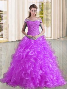 Elegante púrpura dulce 16 vestidos organza sin mangas abalorios y encaje y volantes