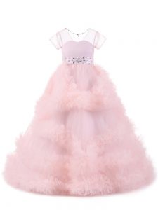 Personalizado hasta el suelo vestido de color rosa bebé niñas vestido con cuello y manga corta sin espalda
