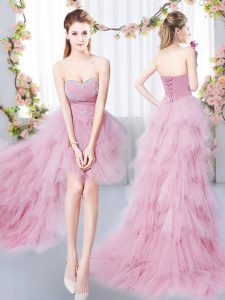 Más popular una línea de quinceañera corte de honor vestido rosa amor tul sin mangas hasta encaje alto
