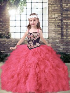 Moda coral rojo vestidos de bola correas de tul sin mangas bordado y volantes hasta el suelo con cordones hasta niña vestidos de desfile