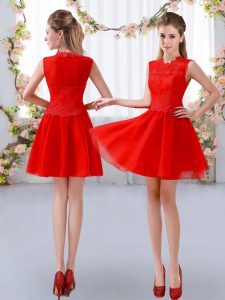 Encantadora cremallera roja vestido damas encaje sin mangas mini longitud