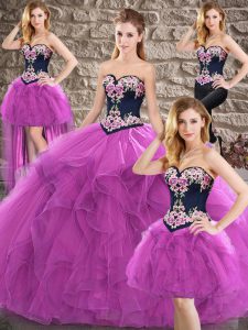 En rebajas vestidos de fiesta de color púrpura cariño sin mangas de tul hasta el suelo con cordones y bordado vestido de cumpleaños número 15