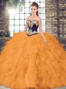 Brillantes vestidos de bola naranja con cuentas y bordados vestidos de quinceañera con cordones organza sin mangas hasta el suelo