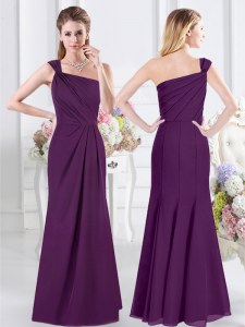 Vestido de dama púrpura de longitud de piso de hombro asequible para quinceanera chiffon sin mangas ruching