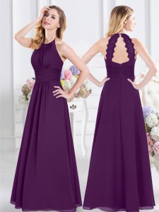 Bastante piso longitud púrpura damas vestido halter top sin mangas cremallera