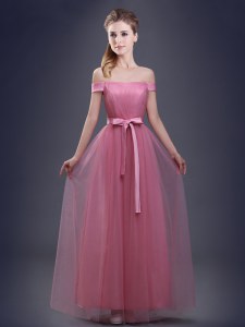 Del hombro rosado sin mangas de la longitud del piso ruching y bowknot atan para arriba el vestido del dama