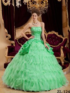 Verde Manzana Vestido De Fiesta Estrapless Hasta El Suelo Volantes Tafetán Y Organdí Vestido De Quinceañera