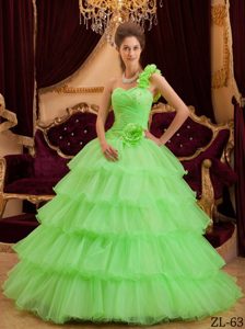 Verde Corte A / Princesa Un Sólo Hombro Hasta El Suelo Volantes Vestido De Quinceañera