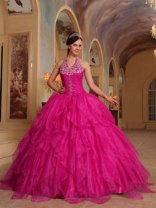 Caliente Rosa Vestido De Fiesta Cabestro Hasta El Suelo Organdí Bordado Vestido De Quinceañera