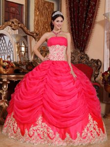 Rojo Coral Vestido De Fiesta Estrapless Hasta El Suelo Organdí Bordado Vestido De Quinceañera