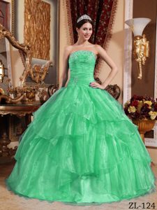 Verde Manzana Vestido De Fiesta Estrapless Hasta El Suelo Organdí Bordado Vestido De Quinceañera