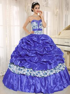Beaded Y Pick-ups para Azul Vestido De Quinceañera Tafetán Y Printing