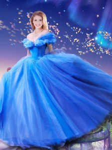 Cinderella fuera del hombro tul azul real encaje hasta vestido de baile vestido de fiesta sin mangas de longitud de piso perlas y bowknot