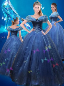 Cinderella azul marino fuera del hombro ata hasta perlas y bowknot dulce 16 vestido de quinceañera sin mangas