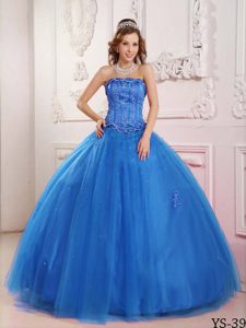 Elegante Vestido De Fiesta Estrapless Hasta El Suelo Tul Bordado Azul Vestido De Quinceañera