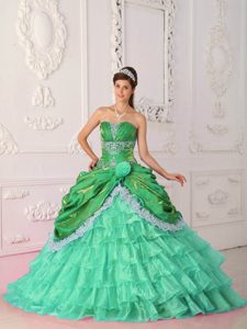 Verde Manzana Vestido De Fiesta Estrapless Hasta El Suelo Organdí Y Tafetán Encaje Y Vestido De Quinceañera