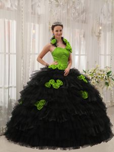 Verde De La Primavera Y Negro Vestido De Fiesta Cabestro Hasta El Suelo Tafetán Y Organdí Hand Floress Vestido De Quinceañera