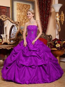Púrpura Vestido De Fiesta Estrapless Hasta El Suelo Tafetán Bordado Vestido De Quinceañera