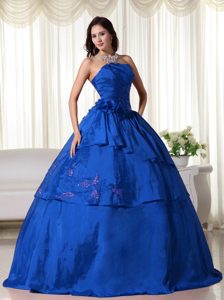 Azul Vestido De Fiesta Estrapless Hasta El Suelo Tafetán Hand Floress Vestido De Quinceañera
