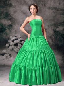 Verde Vestido De Fiesta Estrapless Hasta El Suelo Tafetán Ruched Vestido De Quinceañera