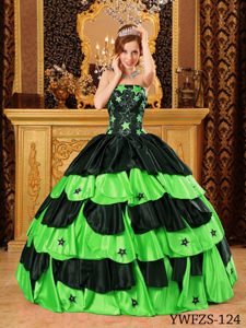 Negro Y Verde De La Primavera Vestido De Fiesta Estrapless Hasta El Suelo Tafetán Bordado Vestido De Quinceañera