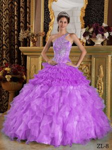 Púrpura Vestido De Fiesta Un Sólo Hombro Hasta El Suelo Satén Y Organdí Bordado Vestido De Quinceañera