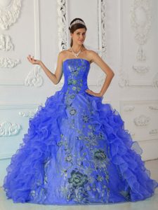Exquisito Vestido De Fiesta Estrapless Hasta El Suelo Bordado Azul Vestido De Quinceañera
