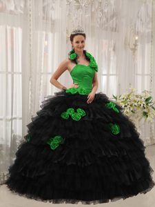 Verde Y Negro Vestido De Fiesta Cabestro Hasta El Suelo Tafetán Y Organdí Hand Floress Vestido De Quinceañera