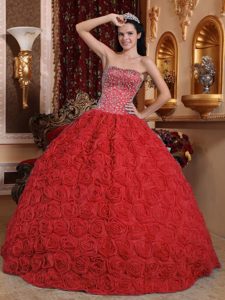 Rojo Vestido De Fiesta Estrapless Hasta El Suelo Tejido Con Rolling Floress Bordado Vestido De Quinceañera
