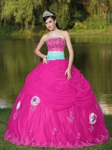 Tul Estrapless Caliente Rosa Vestido De Quinceañera para Girl Con Flores Beaded Decorate