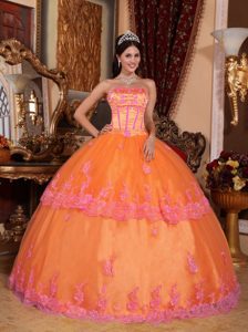 Naranja Vestido De Fiesta Estrapless Hasta El Suelo Organdí Encaje Vestido De Quinceañera