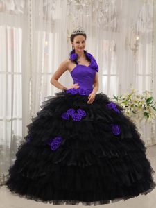 Púrpura Y Negro Vestido De Fiesta Cabestro Hasta El Suelo Tafetán Y Organdí Hand Floress Vestido De Quinceañera