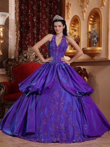 Púrpura Vestido De Fiesta Cabestro Hasta El Suelo Tafetán Vestido De Quinceañera