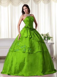 Verde Vestido De Fiesta Estrapless Hasta El Suelo Tafetán Hand Floress Vestido De Quinceañera