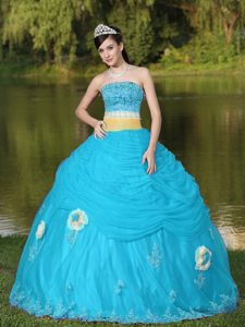 Tul Estrapless Azul Aqua Vestido De Quinceañera para Girl Con Flores Beaded Decorate