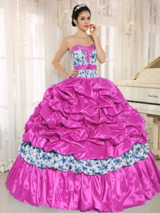 Beaded Y Pick-ups para Caliente Rosa Vestido De Quinceañera Tafetán Y Printing