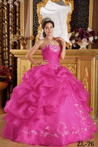 Caliente Rosa Vestido De Fiesta Estrapless Hasta El Suelo Bordado Organdí Vestido De Quinceañera