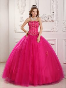 Elegante Vestido De Fiesta Estrapless Hasta El Suelo Tul Bordado Caliente Rosa Vestido De Quinceañera