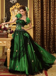 Verde Y Negro Corte A Estrapless Flor Hecha A Manos Tul Con Beaded Decorate Cintura Por Encargo Vestido De Quinceañera