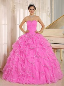 2015 Volantes Y Beaded para Caliente Rosa Vestido De Quinceañera Por Encargo