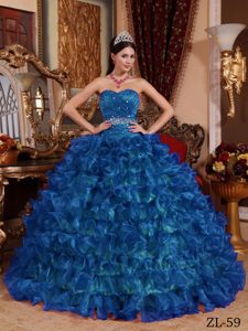 Pavo Real Azul Vestido De Fiesta Dulceheart Hasta El Suelo Organdí Bordado Vestido De Quinceañera