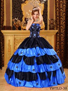Negro Y Azul Vestido De Fiesta Estrapless Hasta El Suelo Tafetán Bordado Vestido De Quinceañera